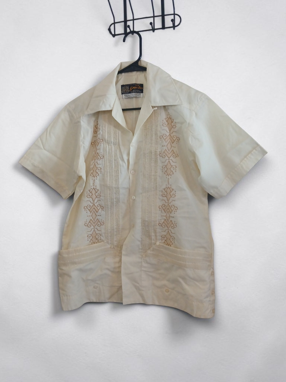 Vintage Guayabera-Style Embroidered Short Sleeve Blouse in Cream